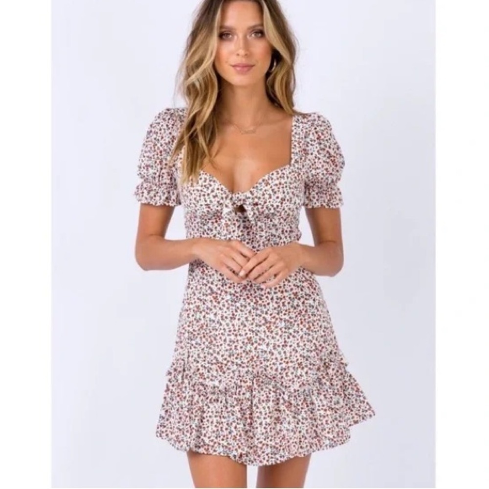 Princess Polly Mica White Floral Ruffle Cap Sleeve Tie Front Mini Dress EUC Sz 4 - Picture 3 of 12